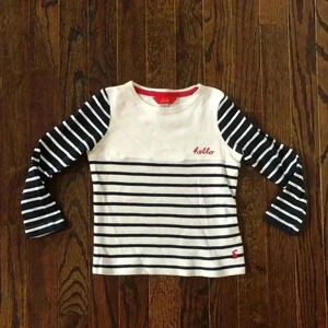 Joules Girls 4Y Navy Blue/White Striped “Hello” Long-Sleeve Tee - VGUC!